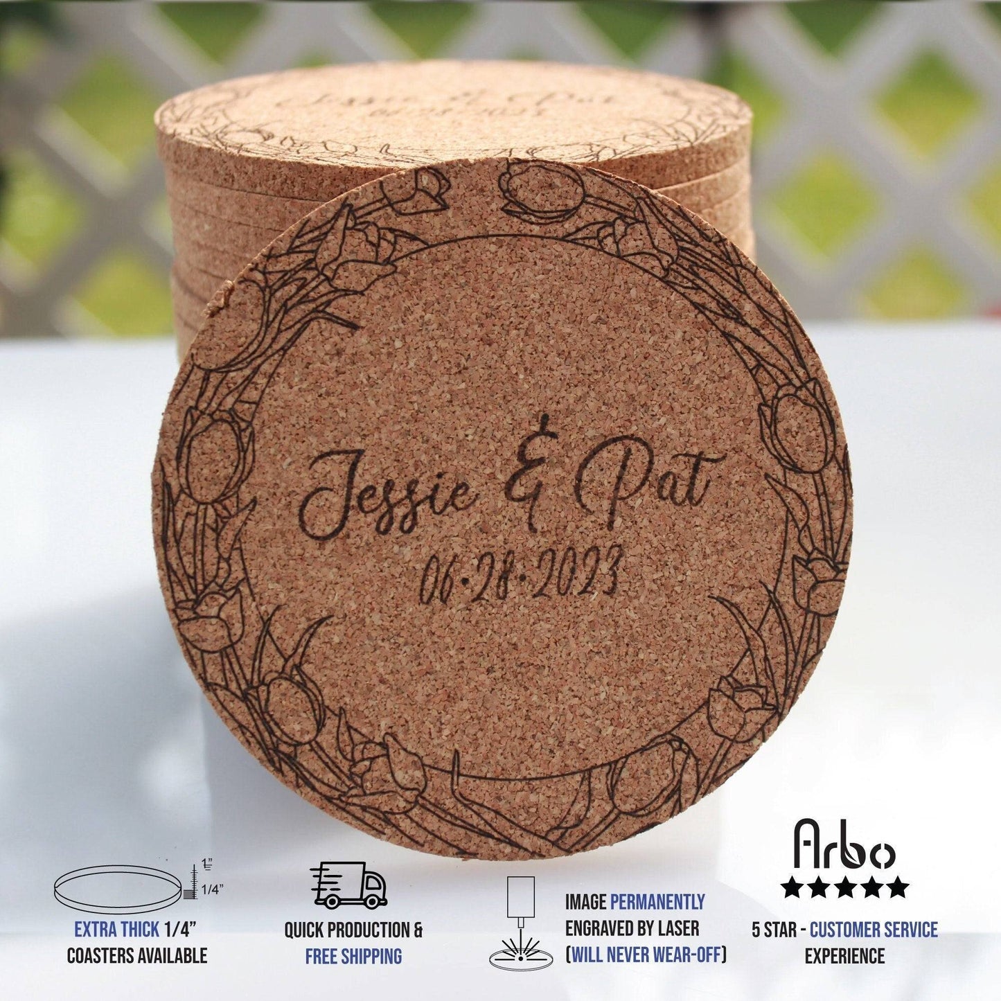 Floral Wreath Wedding Coasters - Arbo Engravings