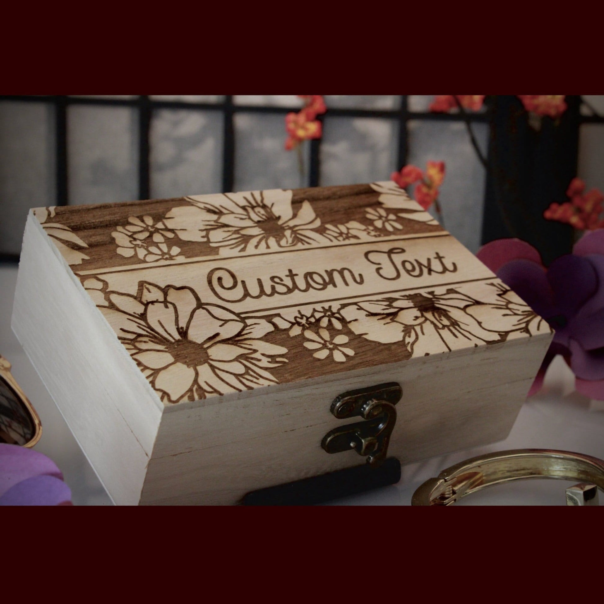 Flower Pattern Custom Text Jewelry Box - Arbo Engravings