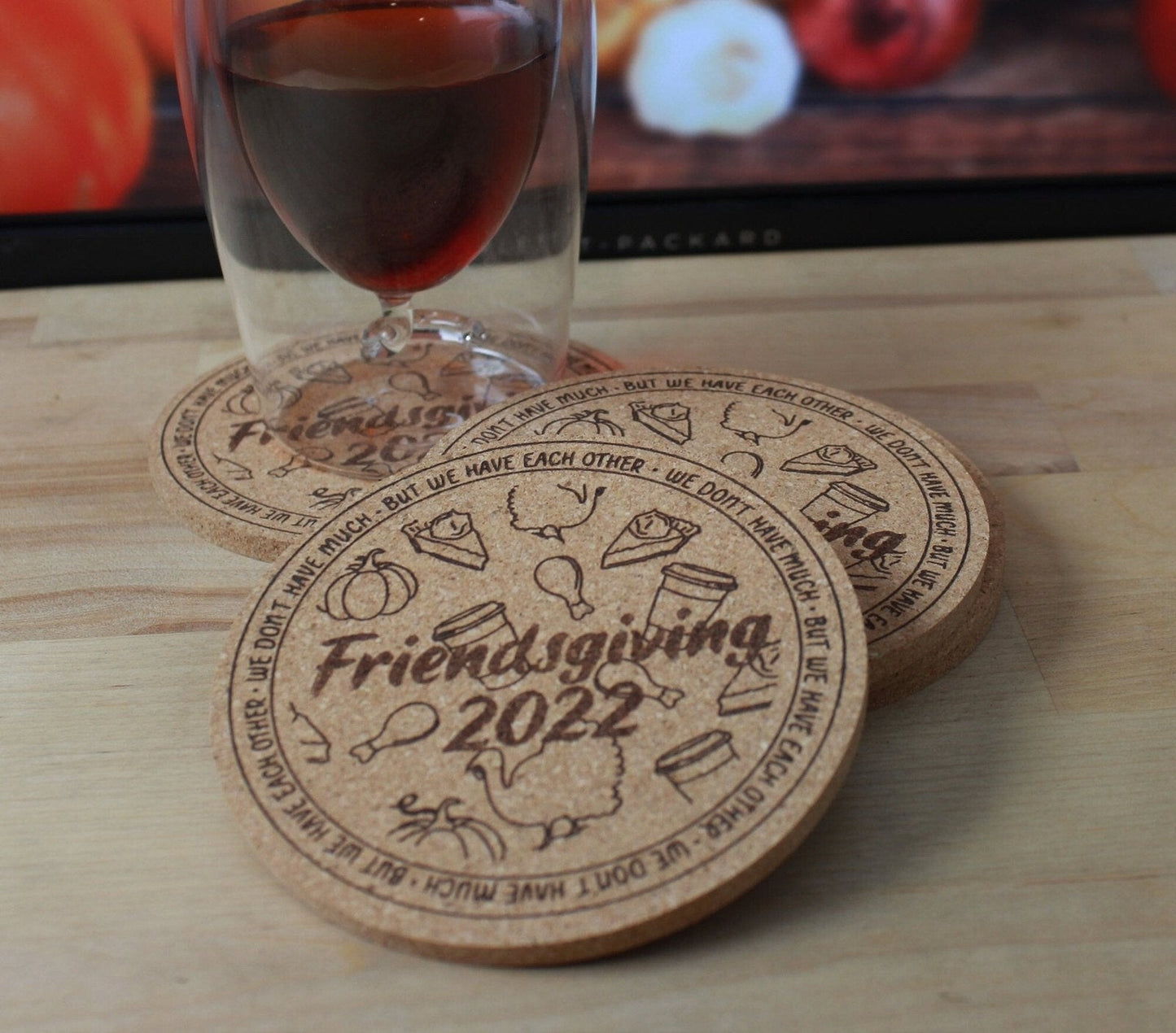 Friendsgiving 2024 Coasters Custom Engraved Cork Party Favor - Arbo Engravings