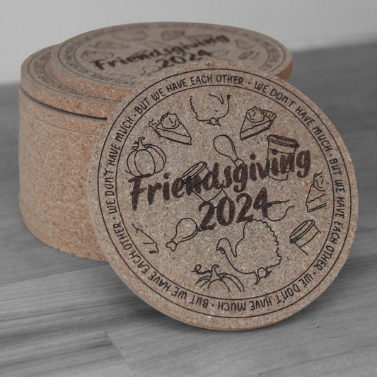 Friendsgiving 2024 Coasters Custom Engraved Cork Party Favor - Arbo Engravings