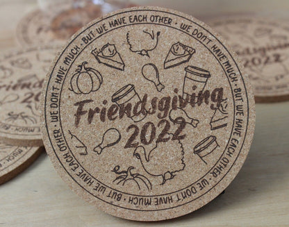 Friendsgiving 2024 Coasters Custom Engraved Cork Party Favor - Arbo Engravings