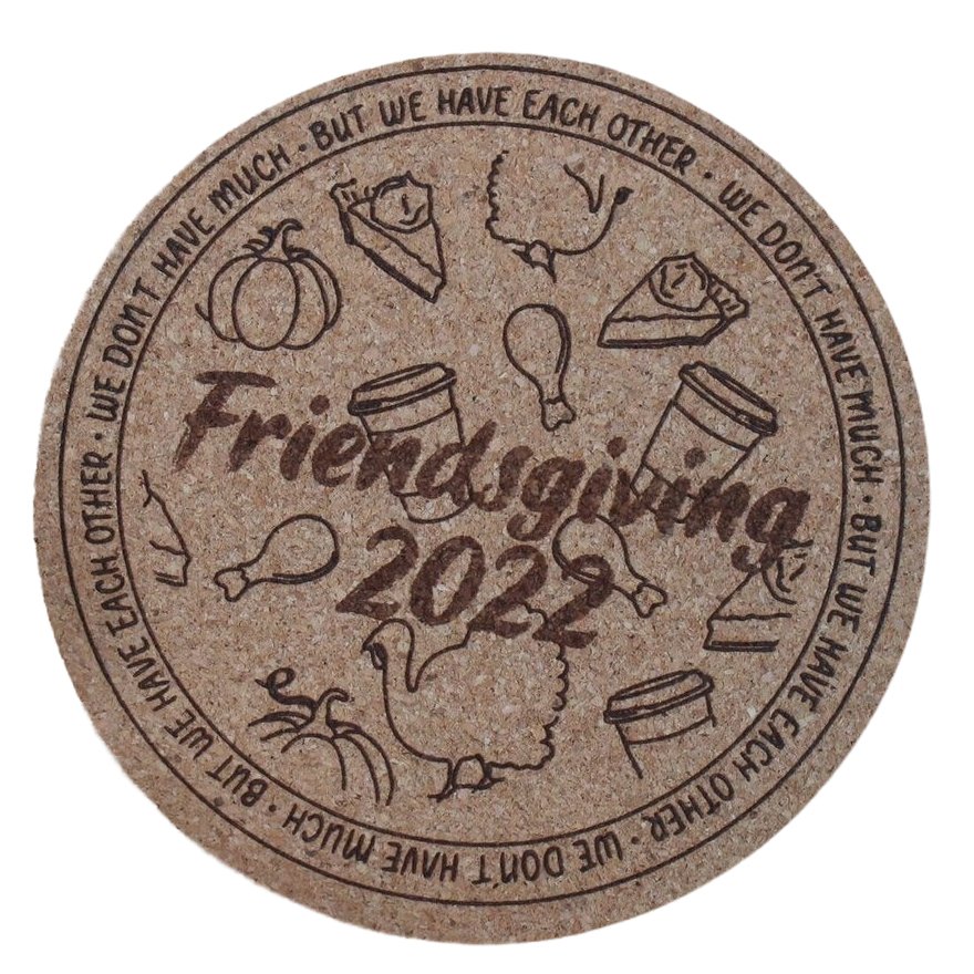 Friendsgiving 2024 Coasters Custom Engraved Cork Party Favor - Arbo Engravings