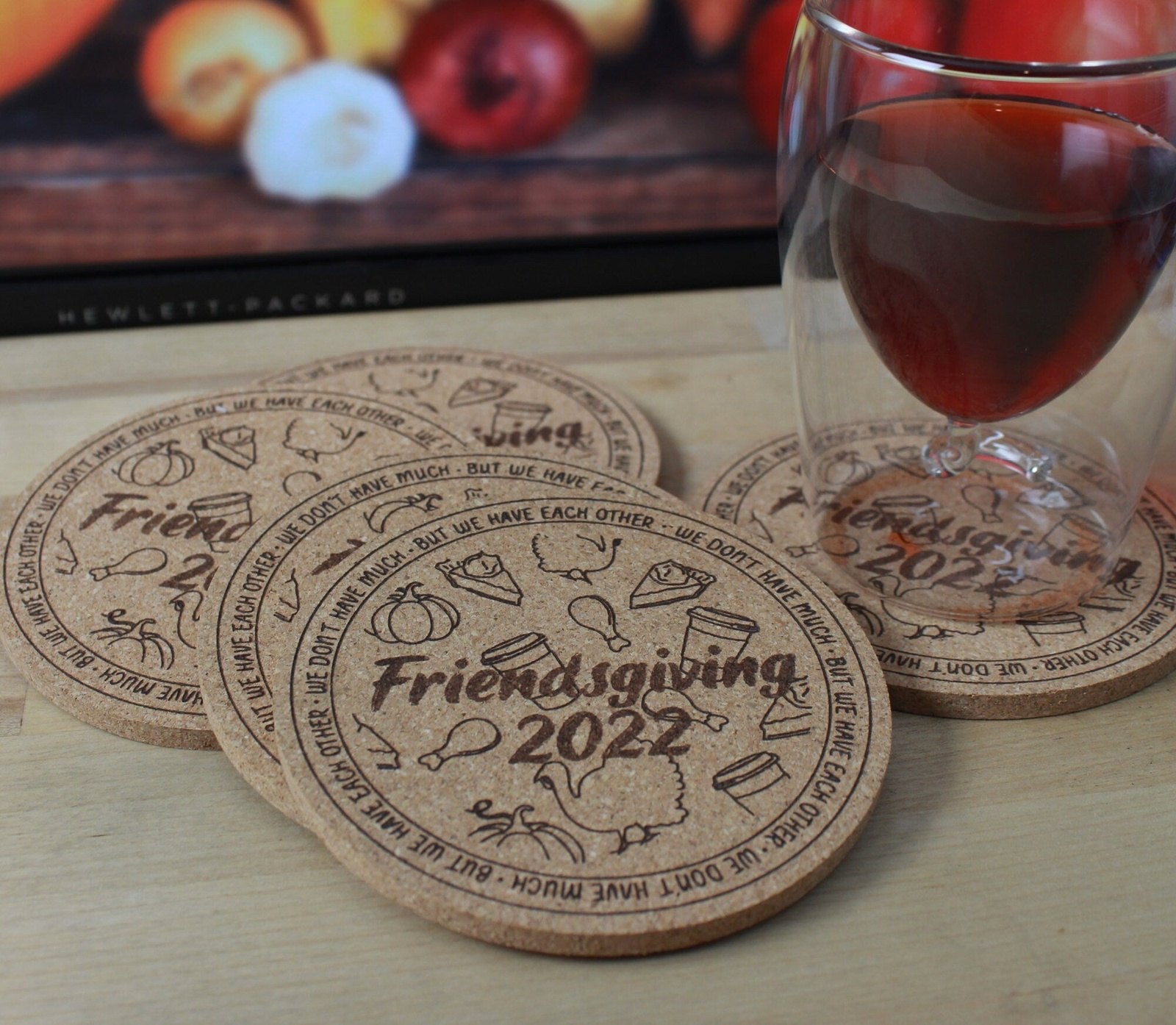 Friendsgiving 2024 Coasters Custom Engraved Cork Party Favor - Arbo Engravings