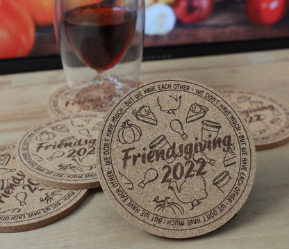 Friendsgiving 2024 Coasters Custom Engraved Cork Party Favor - Arbo Engravings