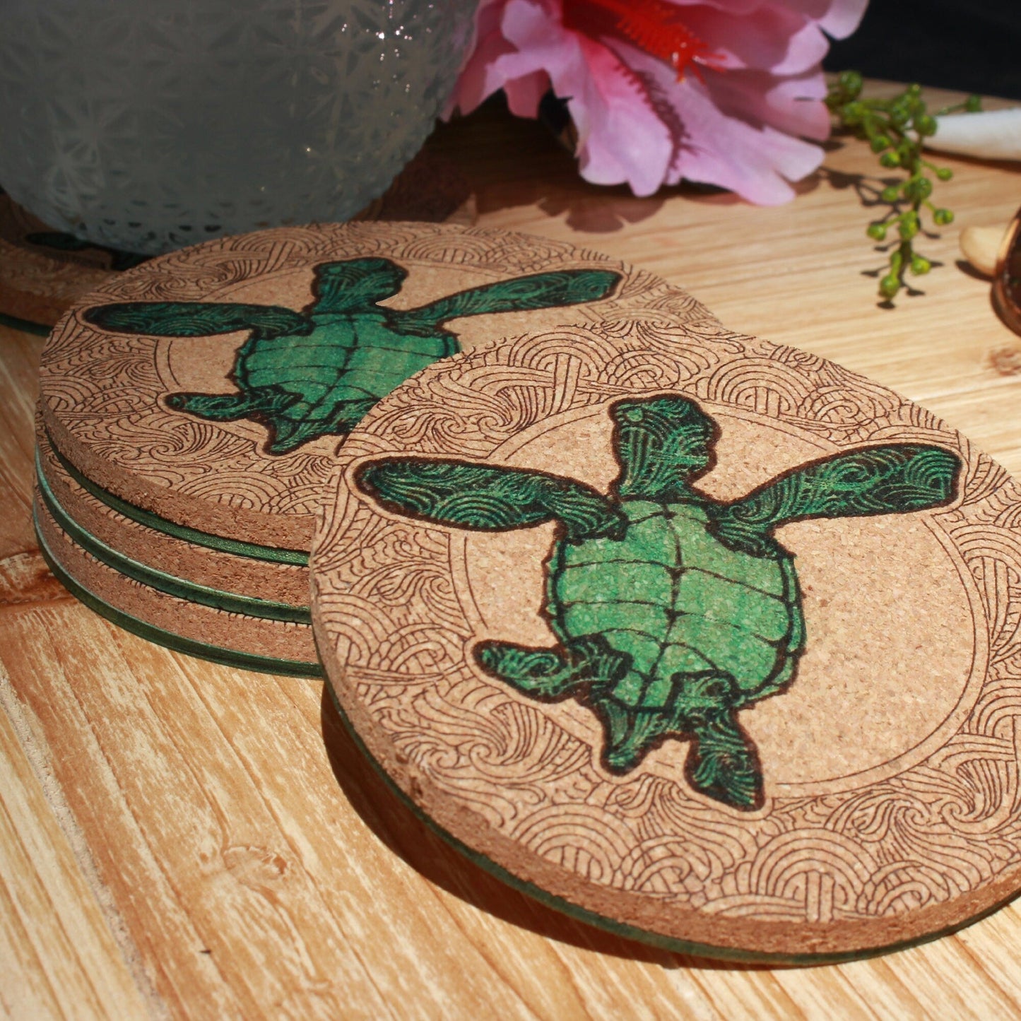 Hand - Painted Sea Turtle Coaster Set - Arbo Engravings