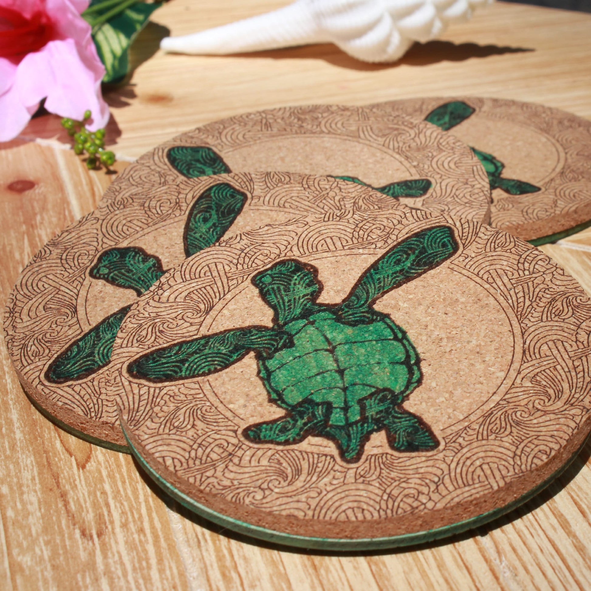 Hand - Painted Sea Turtle Coaster Set - Arbo Engravings