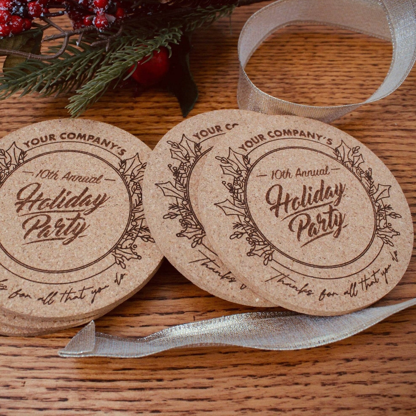 Holiday Party Custom Cork Coasters - Arbo Engravings