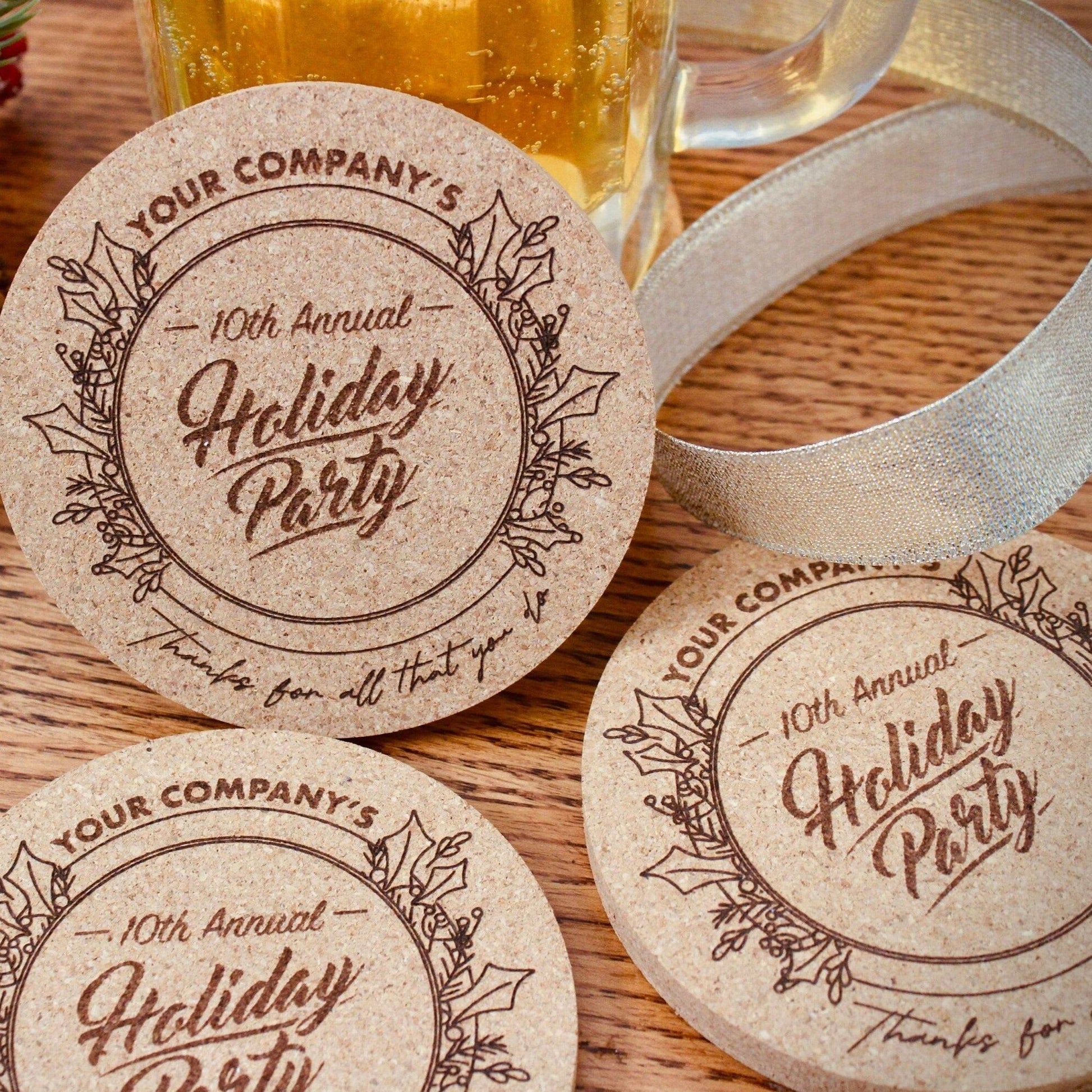 Holiday Party Custom Cork Coasters - Arbo Engravings