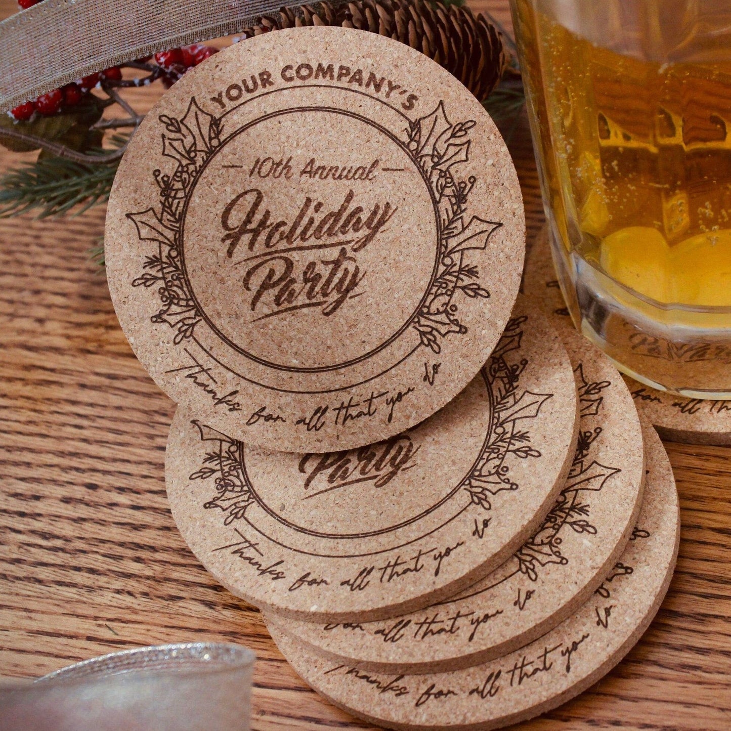 Holiday Party Custom Cork Coasters - Arbo Engravings