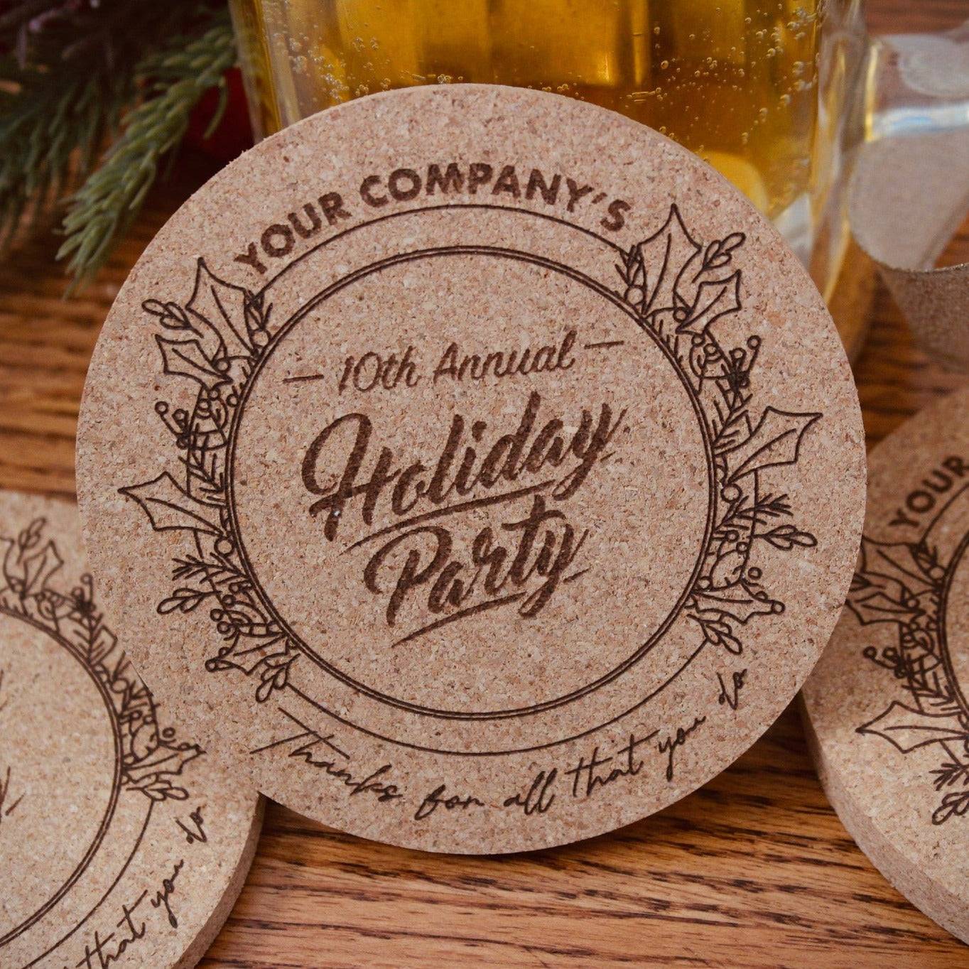 Holiday Party Custom Cork Coasters - Arbo Engravings