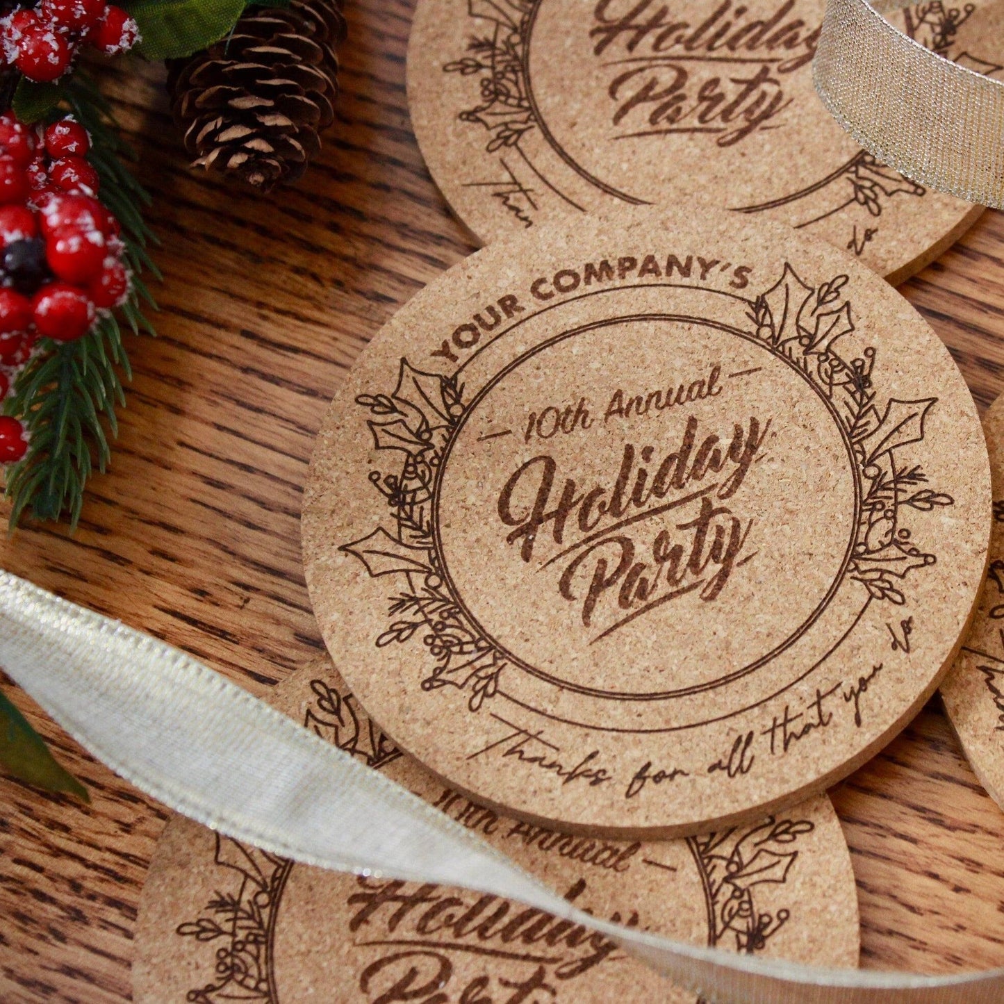 Holiday Party Custom Cork Coasters - Arbo Engravings