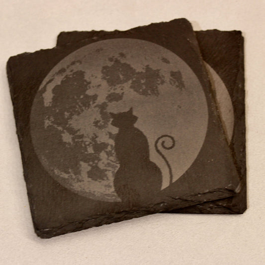 Slate Moon with Black Cat Drink Coaster - 4" Square Laser Engraved