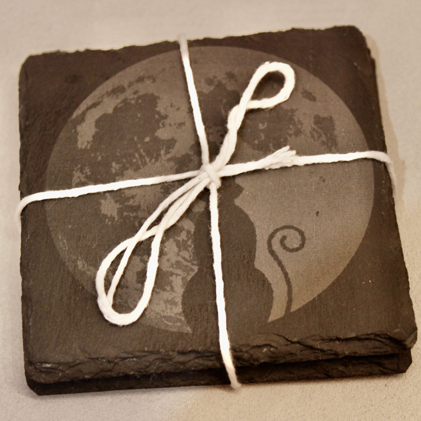 Slate Moon with Black Cat Drink Coaster - 4" Square Laser Engraved