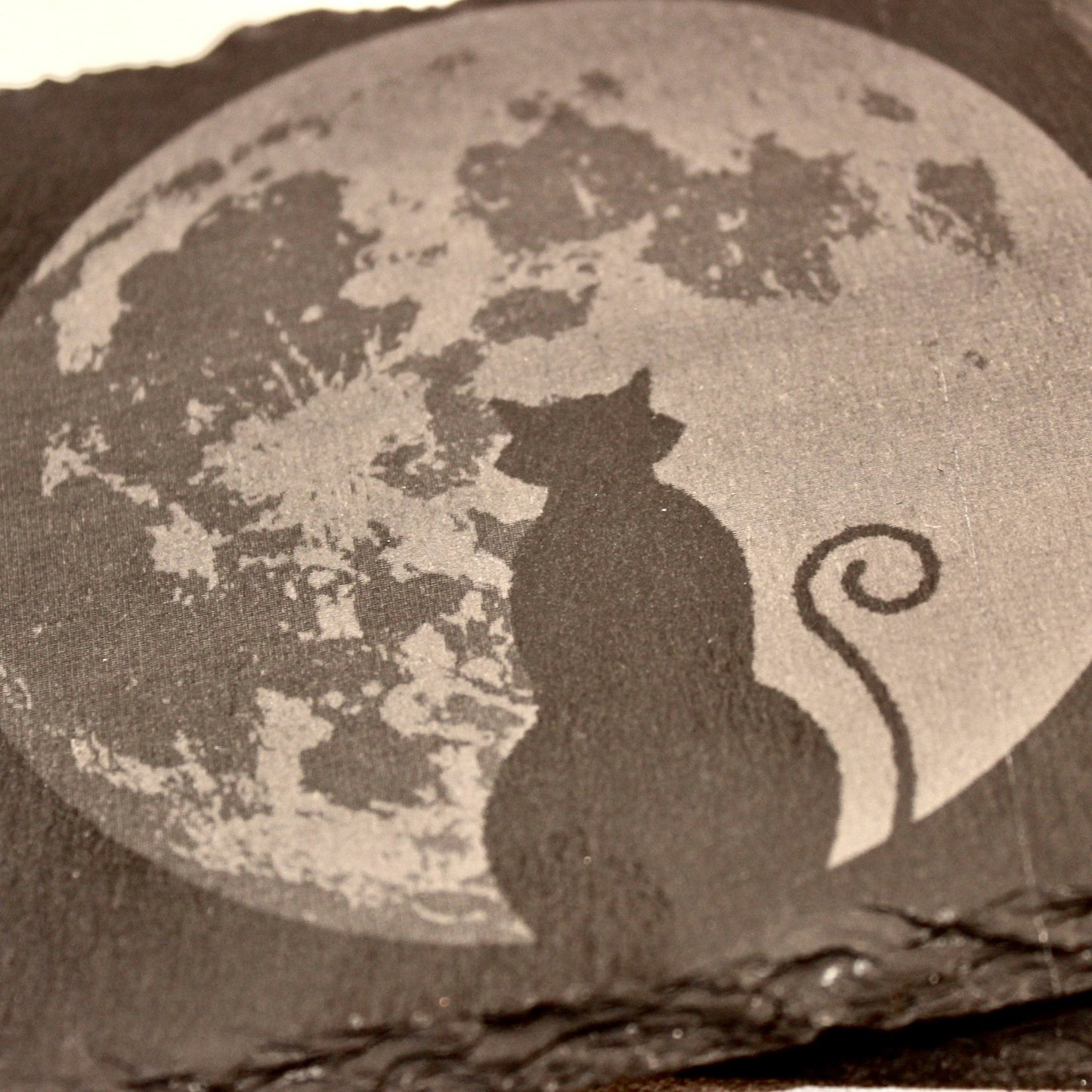 Slate Moon with Black Cat Drink Coaster - 4" Square Laser Engraved