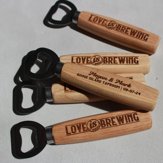 Custom engraved bottle opener featuring an engraved handle. &quot;Love is Brewing&quot; engraved on the front. With the couple&#39;s name, venue or location and the date on the reverse.