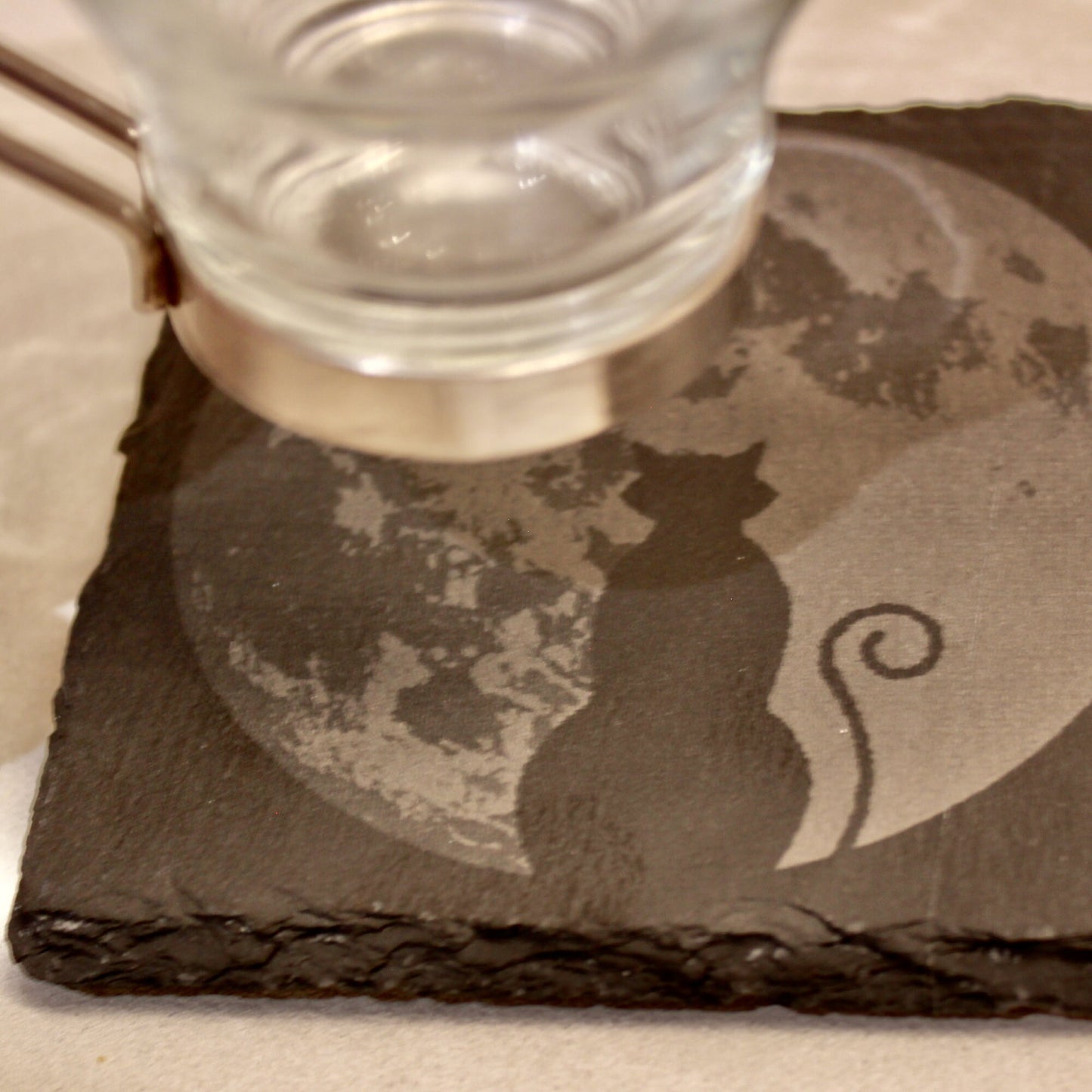 Slate Moon with Black Cat Drink Coaster - 4" Square Laser Engraved