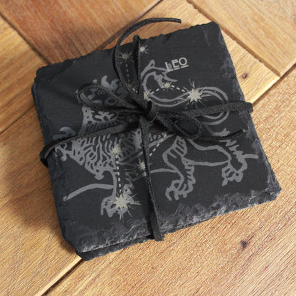 Dark Grey/Black Zodiac astrological sign Slate Coaster with Leo Star Constellation and light image of the Lion in the background.