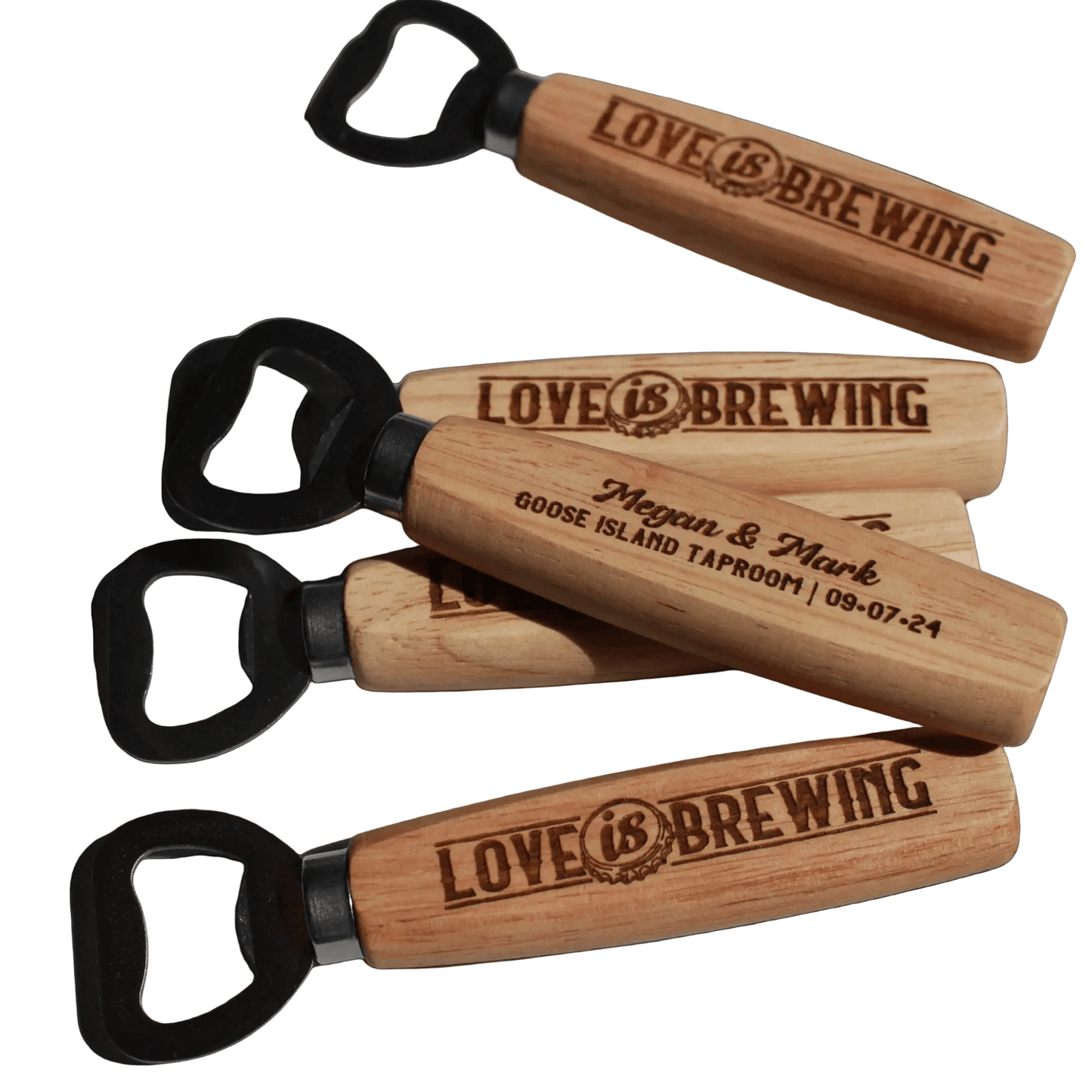 Love is Brewing Custom Bottle Openers For Brewery Wedding - Arbo Engravings