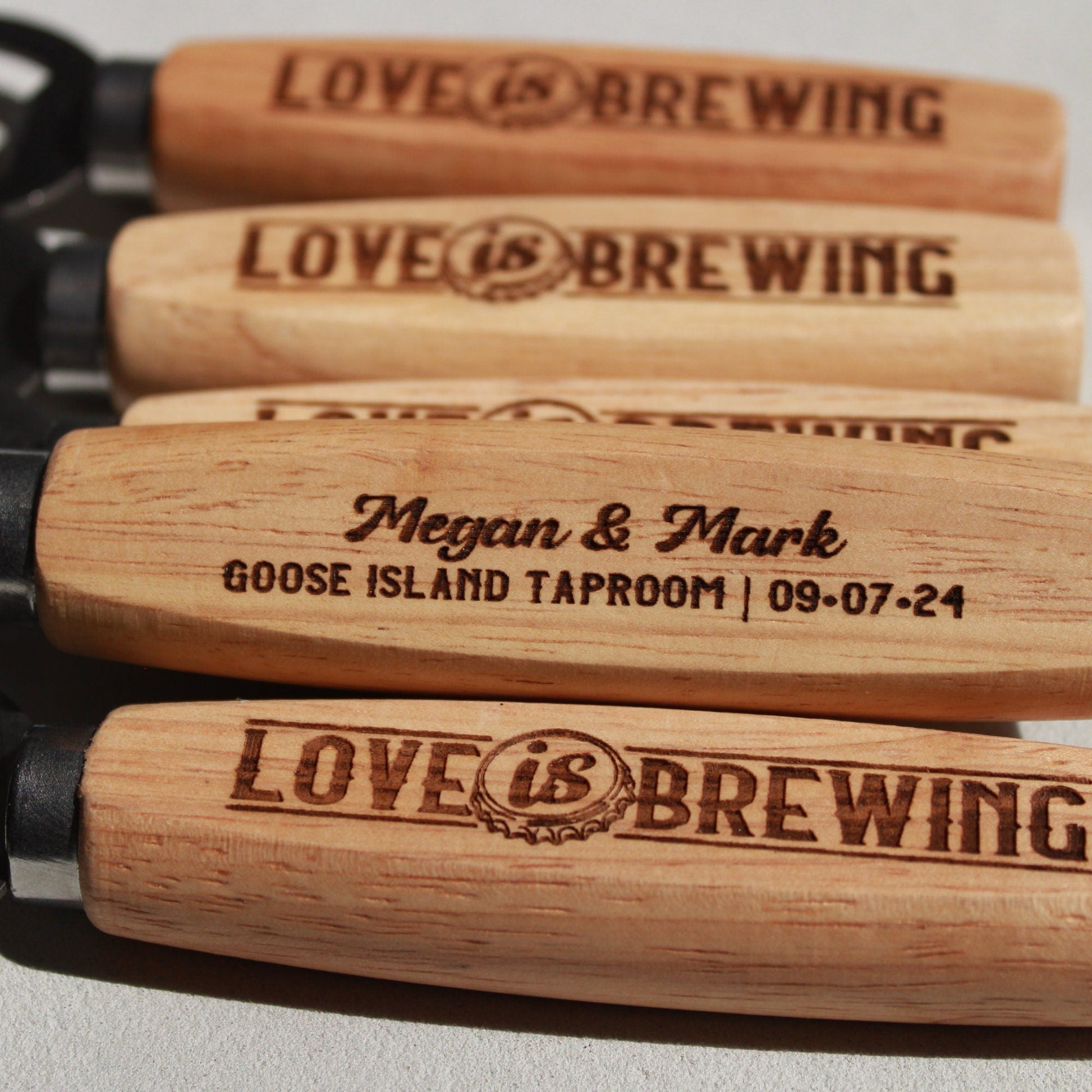 Love is Brewing Custom Bottle Openers For Brewery Wedding - Arbo Engravings