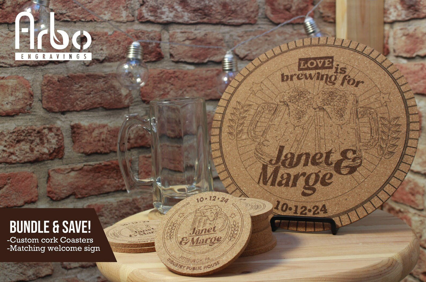 Love is Brewing Custom Wedding Sign + Coaster Set for Brewery Wedding - Arbo Engravings