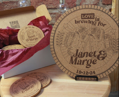 Love is Brewing Custom Wedding Sign + Coaster Set for Brewery Wedding - Arbo Engravings