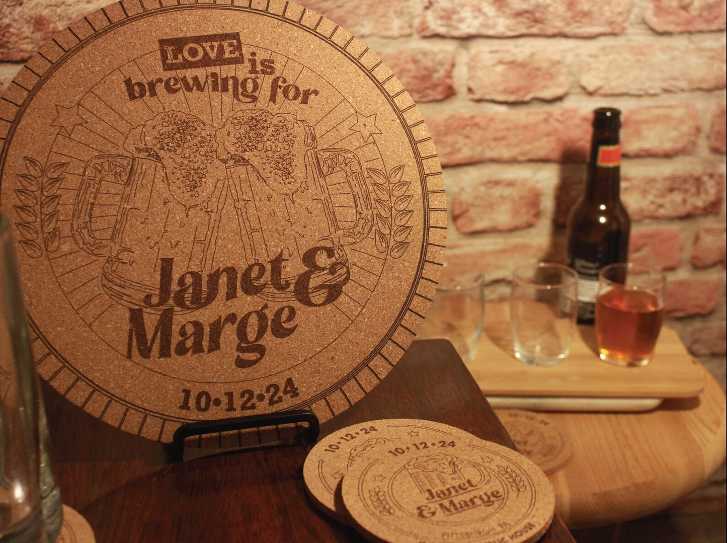 Love is Brewing Custom Wedding Sign + Coaster Set for Brewery Wedding - Arbo Engravings