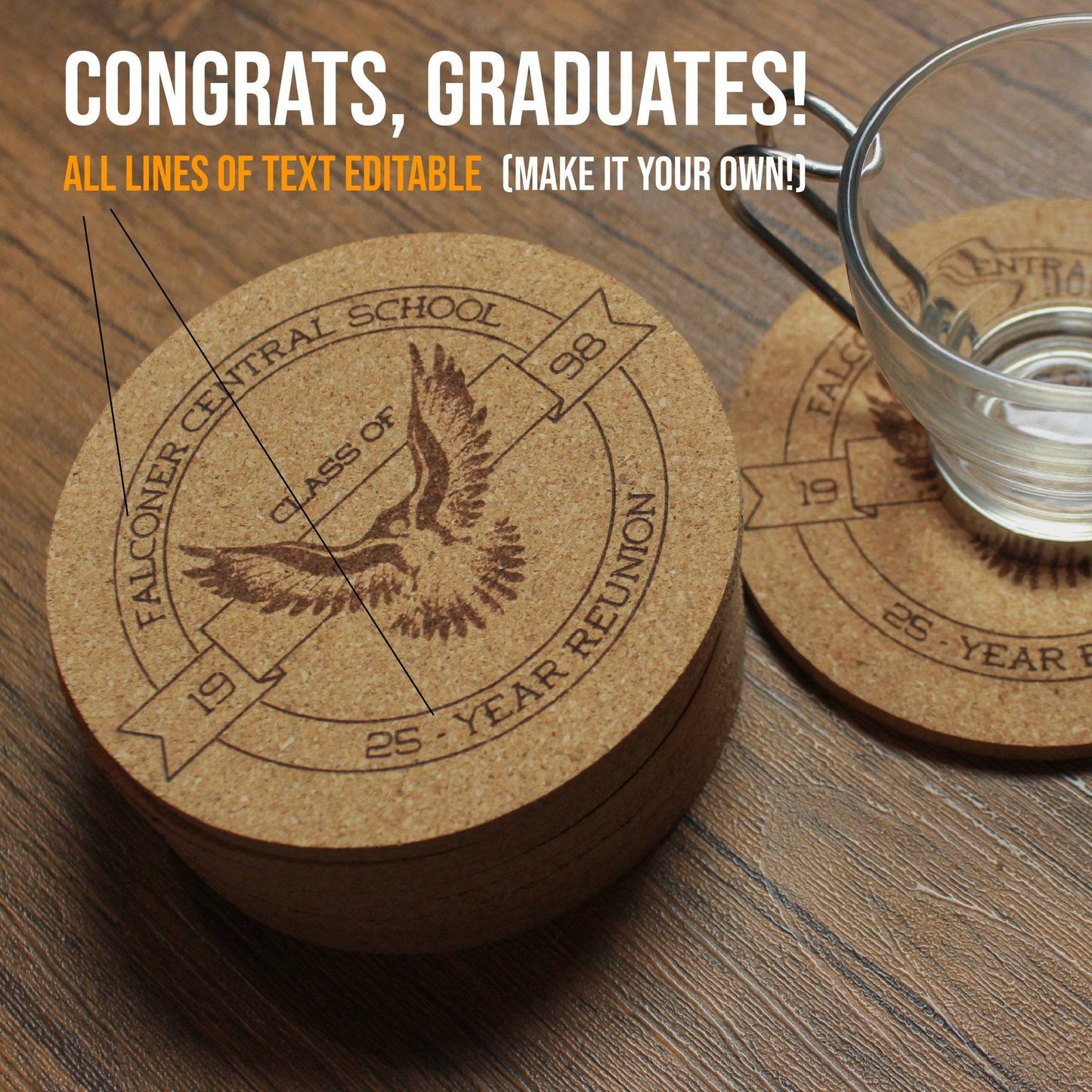 Mascot Graduation & Class Reunion Custom Cork Coasters - Arbo Engravings