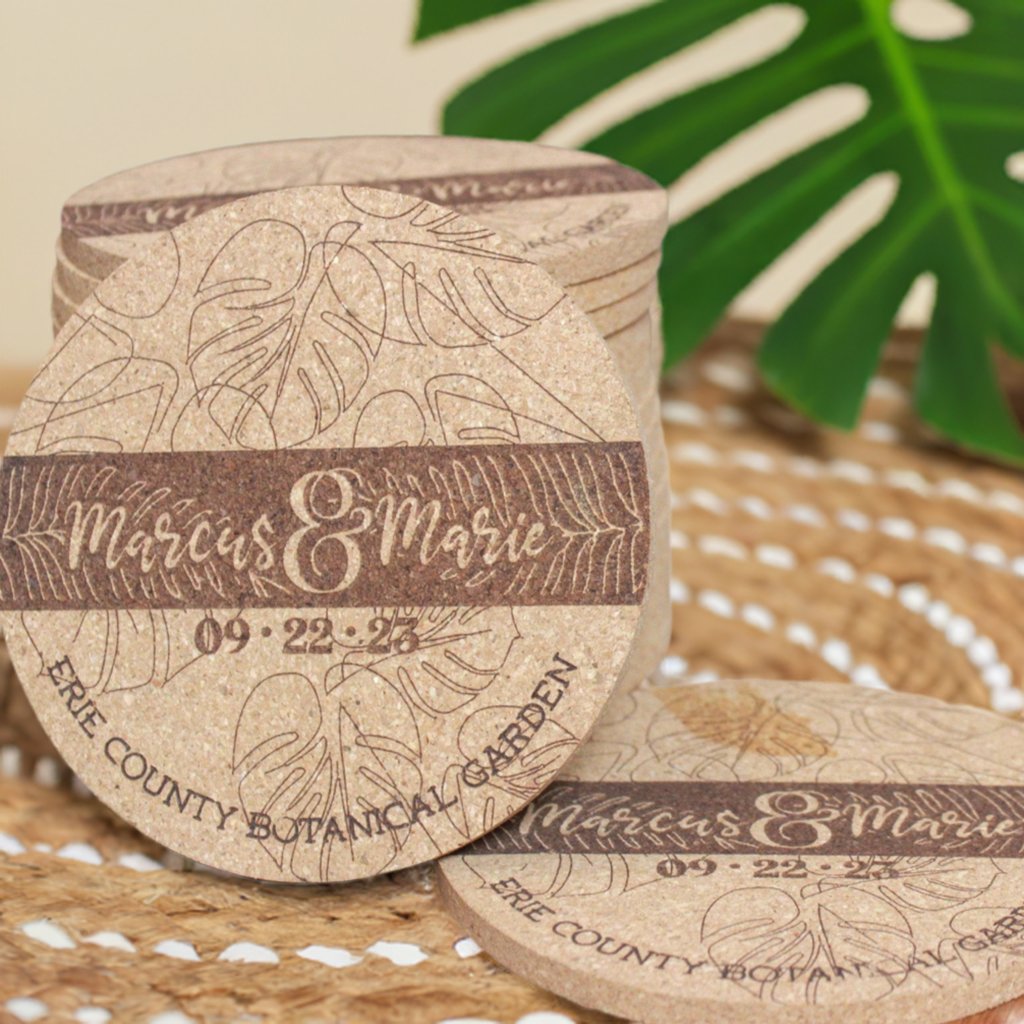 Monstera Leaf Line Art Drink Coasters for Boho Garden Wedding - Arbo Engravings