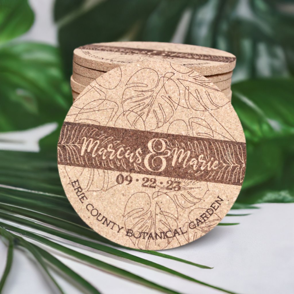 Monstera Leaf Line Art Drink Coasters for Boho Garden Wedding - Arbo Engravings