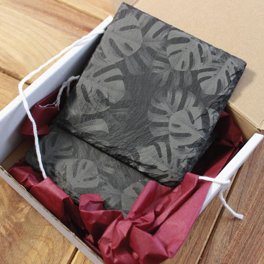 Monstera Leaves Slate Drink Coasters - Foliage Nature Decor - Arbo Engravings