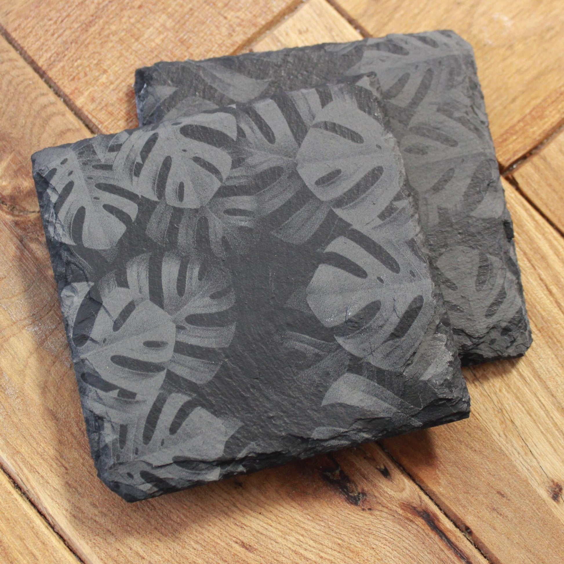 Monstera Leaves Slate Drink Coasters - Foliage Nature Decor - Arbo Engravings