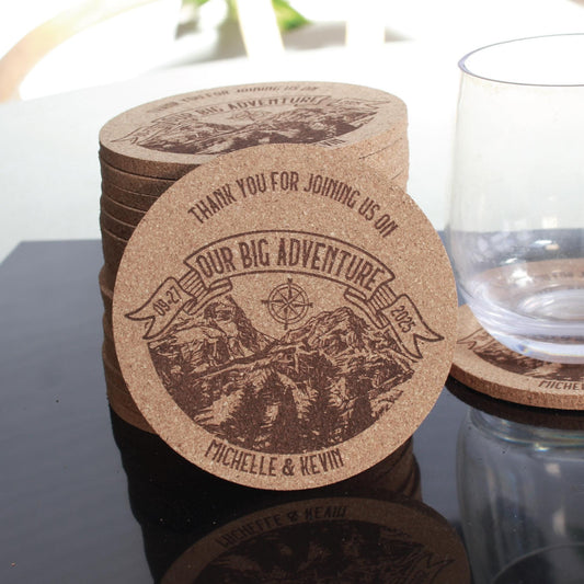 Mountain Wedding Coasters - Custom, Engraved Cork - Arbo Engravings
