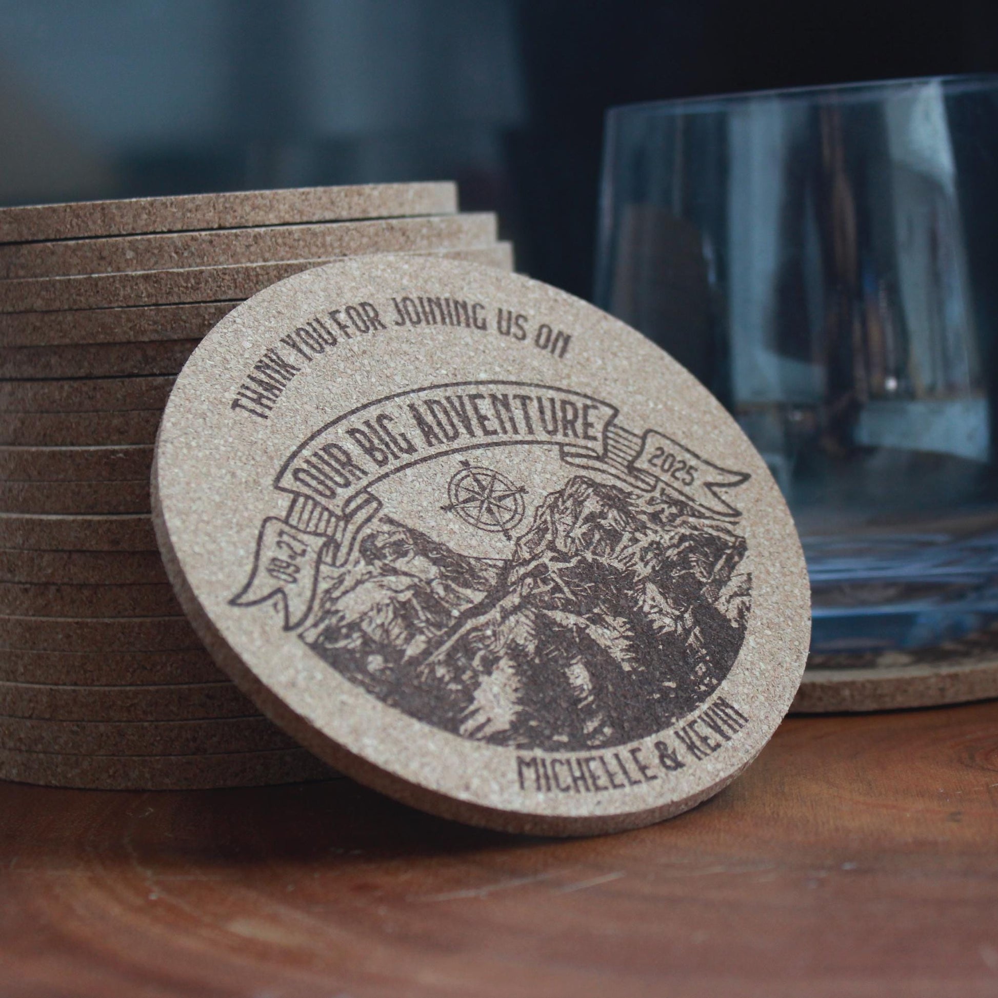 Mountain Wedding Coasters - Custom, Engraved Cork - Arbo Engravings