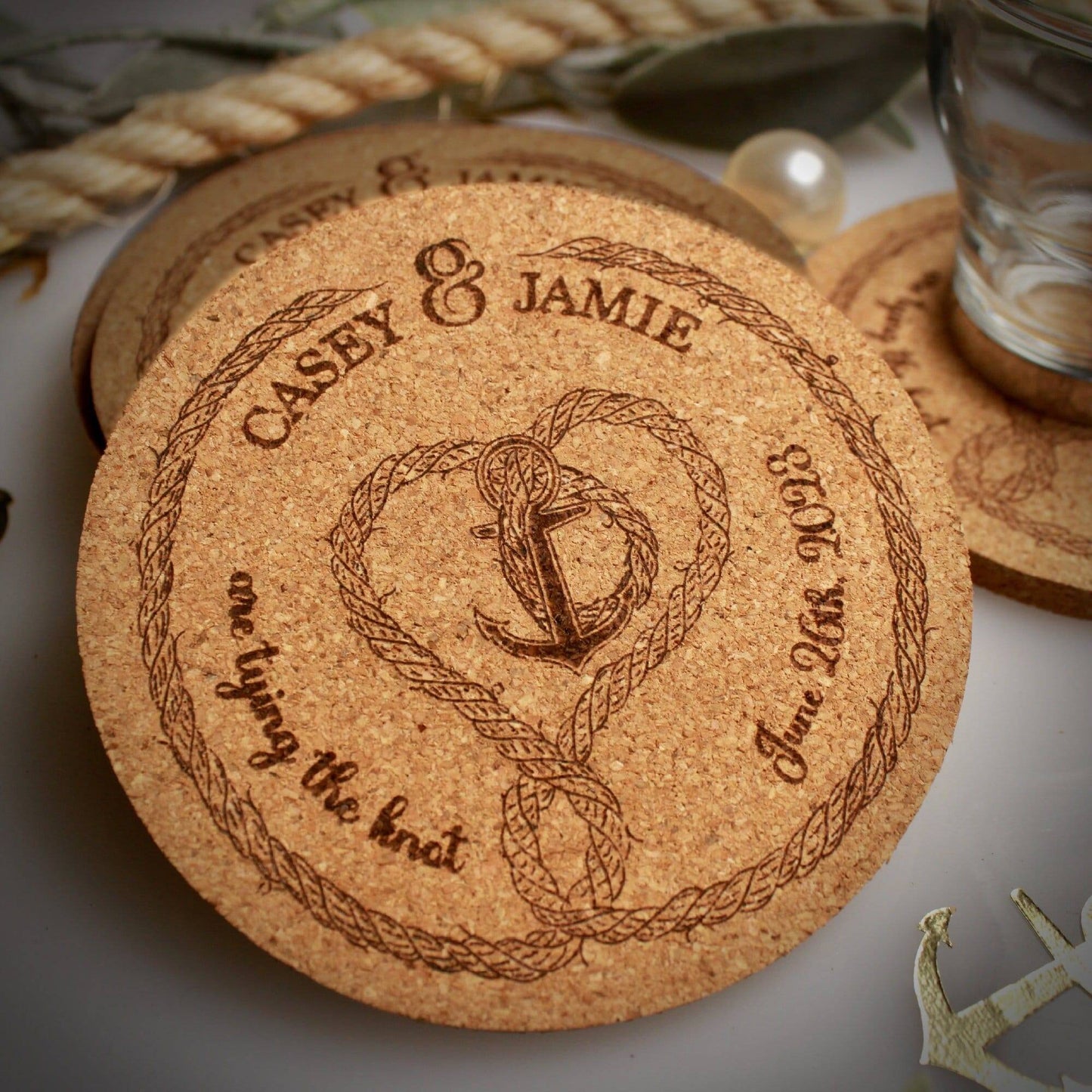 Nautical "Tie The Knot" Custom Wedding Coasters - Arbo Engravings