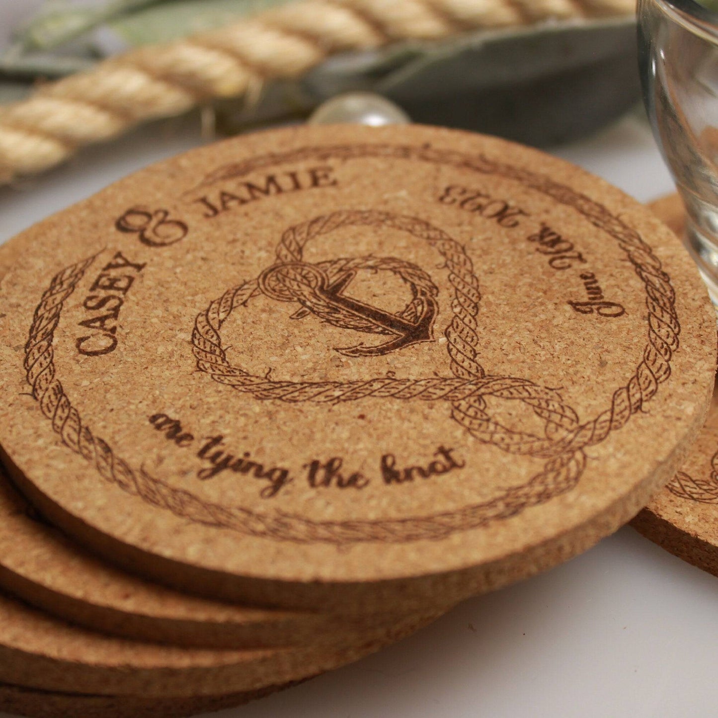 Nautical "Tie The Knot" Custom Wedding Coasters - Arbo Engravings