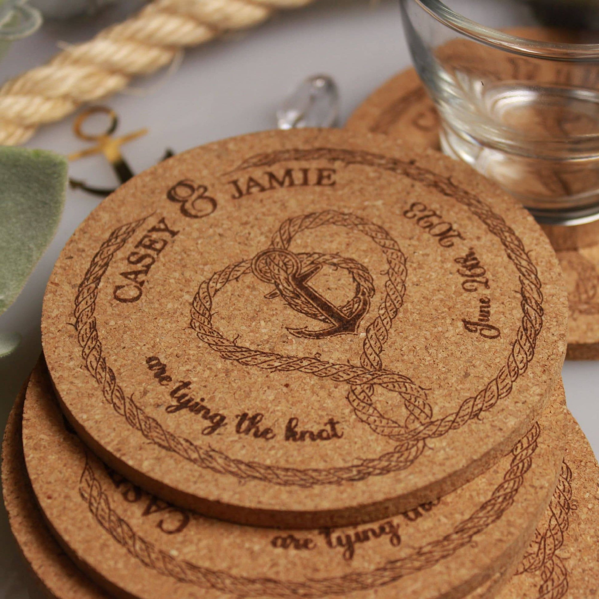 Nautical "Tie The Knot" Custom Wedding Coasters - Arbo Engravings