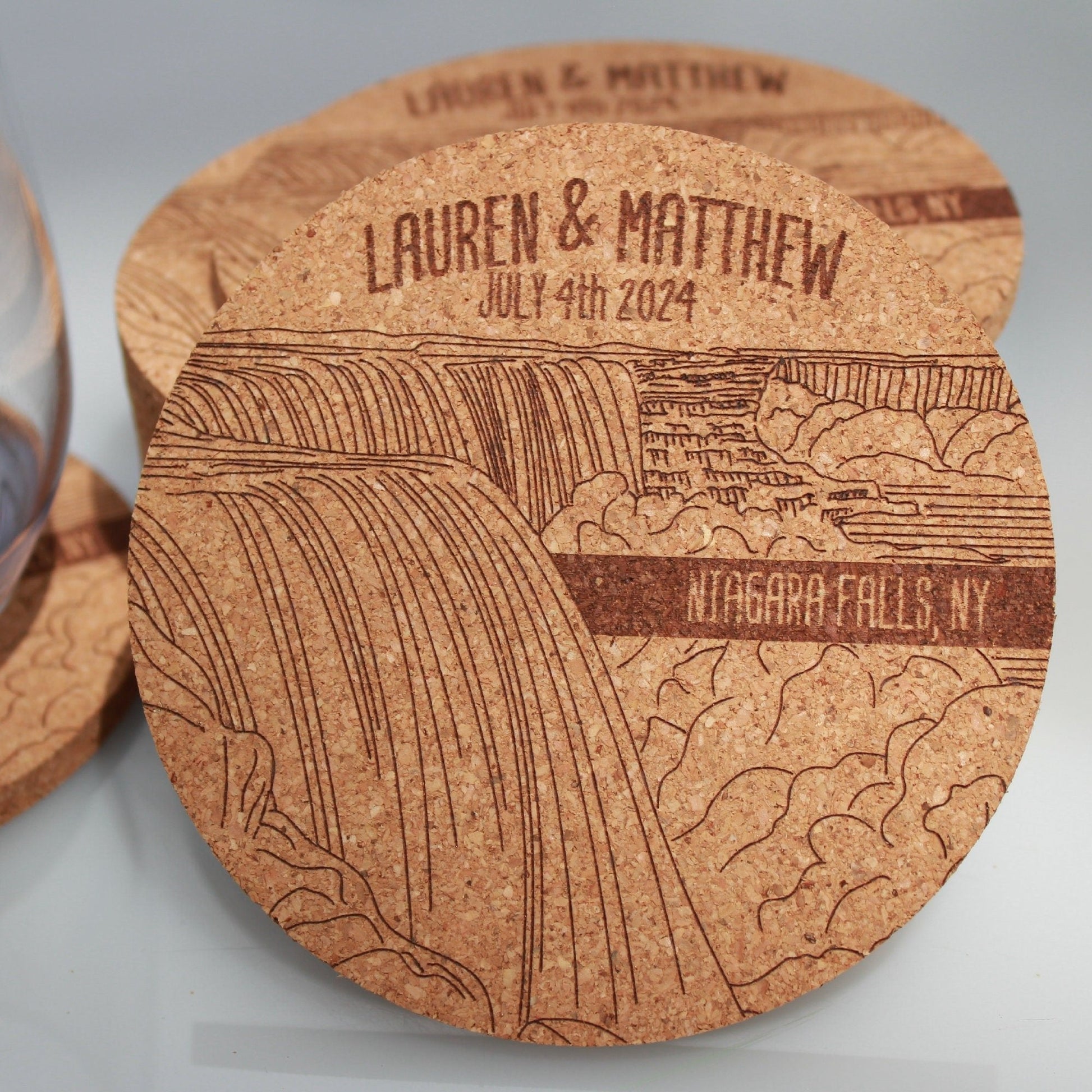 Niagara Falls Coasters Engraved Cork Wedding Favor - Arbo Engravings