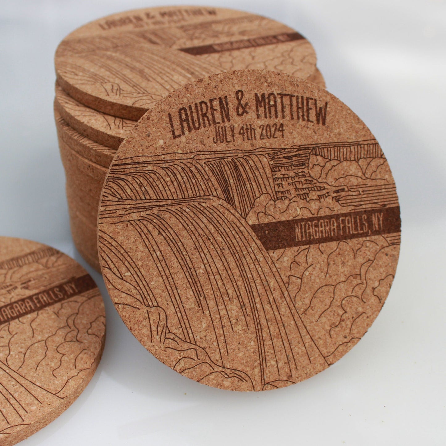 Niagara Falls Coasters Engraved Cork Wedding Favor - Arbo Engravings