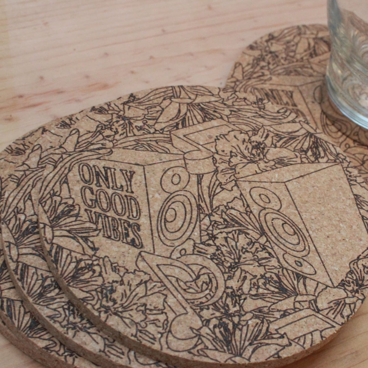 "Only Good Vibes" Custom Cork Coasters - Abstract Music Lovers Gift Set - Arbo Engravings