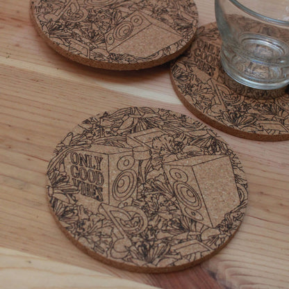 "Only Good Vibes" Custom Cork Coasters - Abstract Music Lovers Gift Set - Arbo Engravings