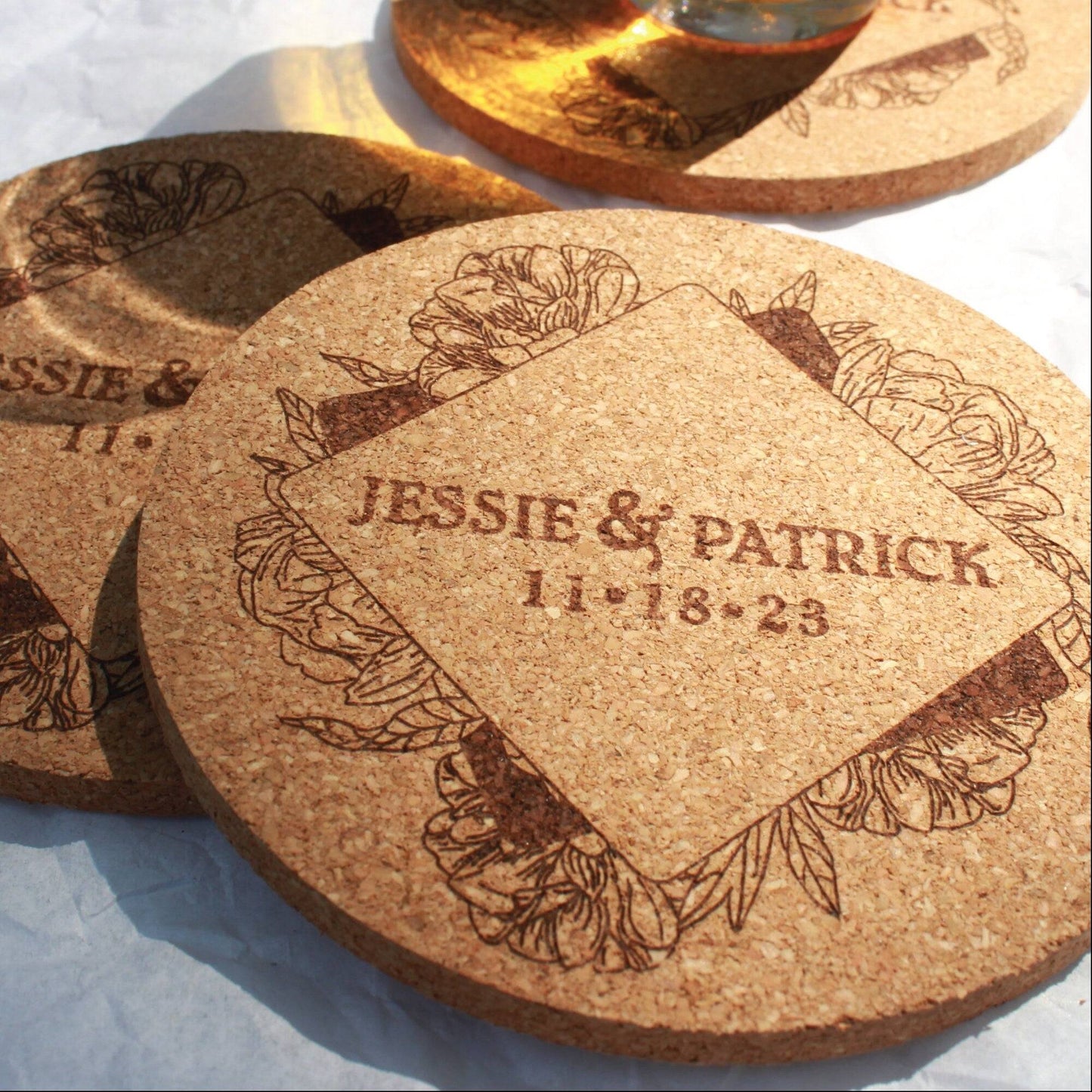 Peony Wreath Custom Wedding Coasters - Arbo Engravings