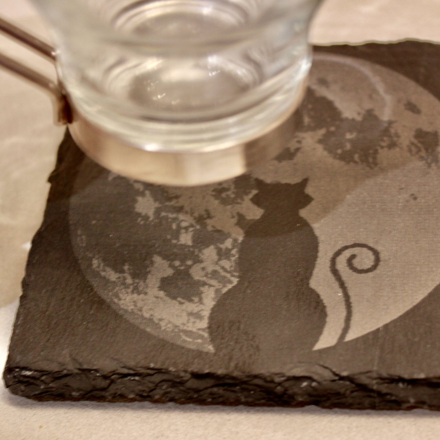 Slate Moon with Black Cat Drink Coaster - 4" Square Laser Engraved - Arbo Engravings