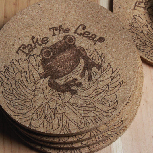 Take The Leap - Frog & Lily Cork Drink Coasters - Grad Gift - Arbo Engravings