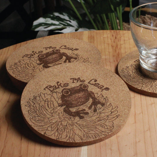 Take The Leap - Frog & Lily Cork Drink Coasters - Grad Gift - Arbo Engravings