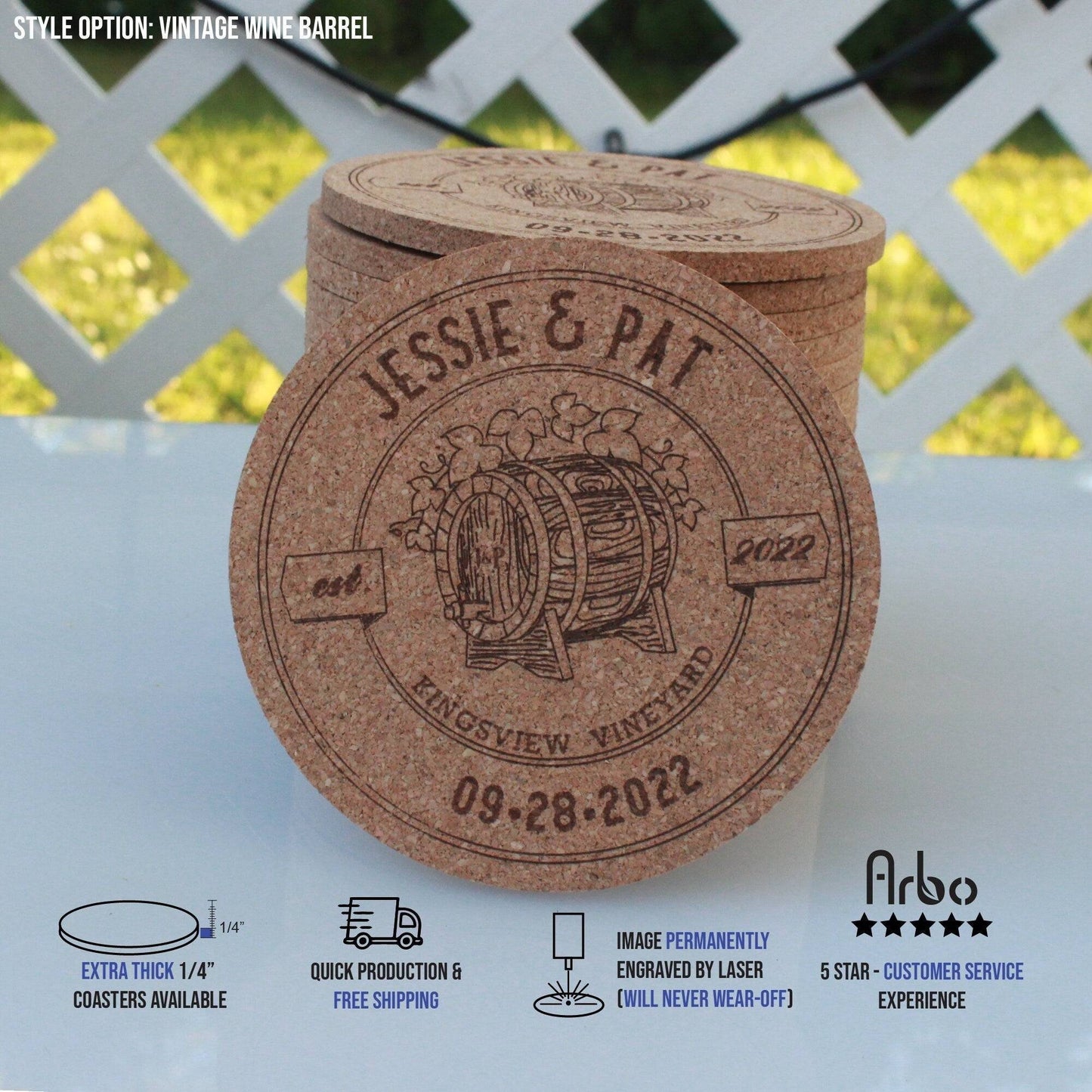 Winery Wedding Custom Coasters - Arbo Engravings