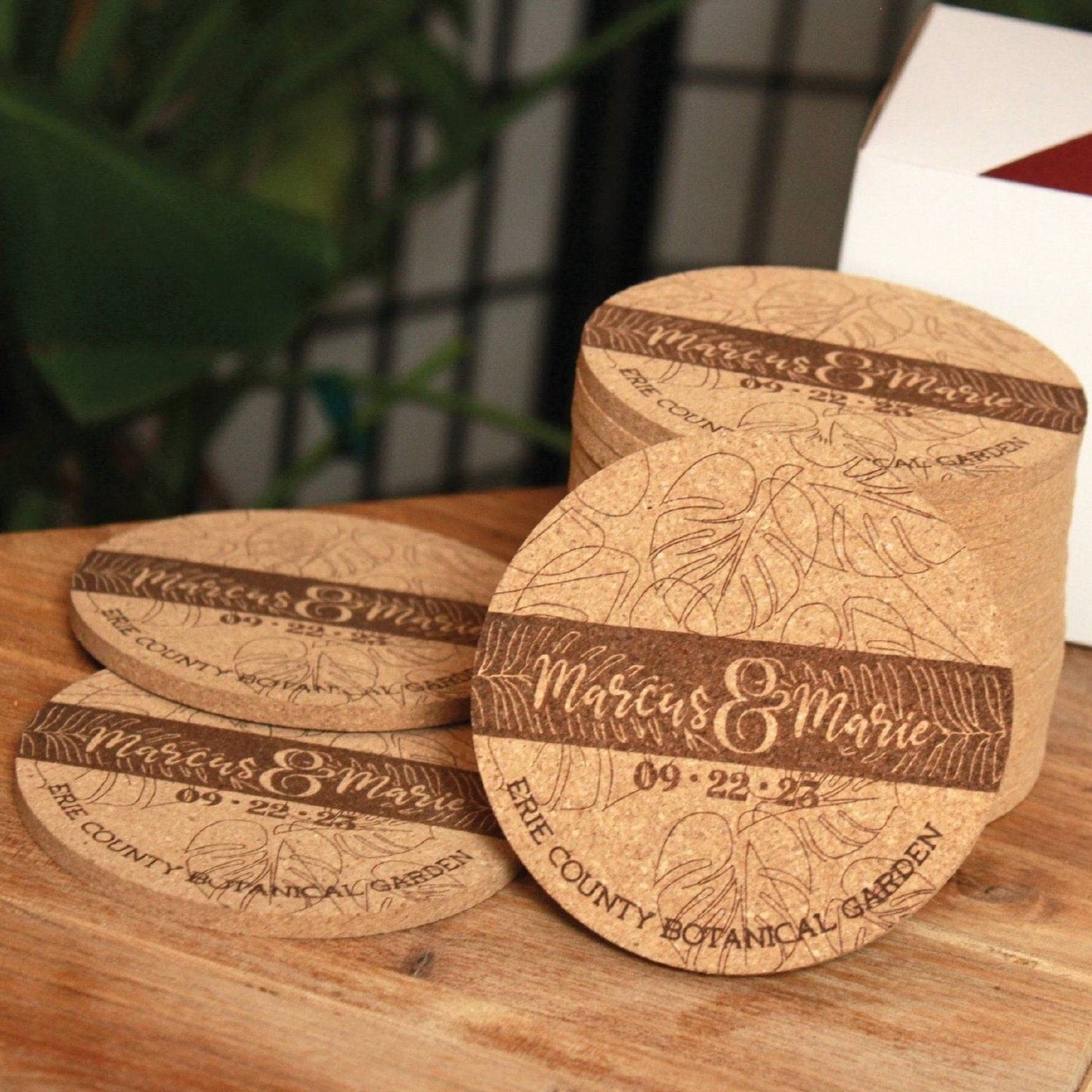 Boho Monstera Leaves Wedding Coasters - Arbo Engravings